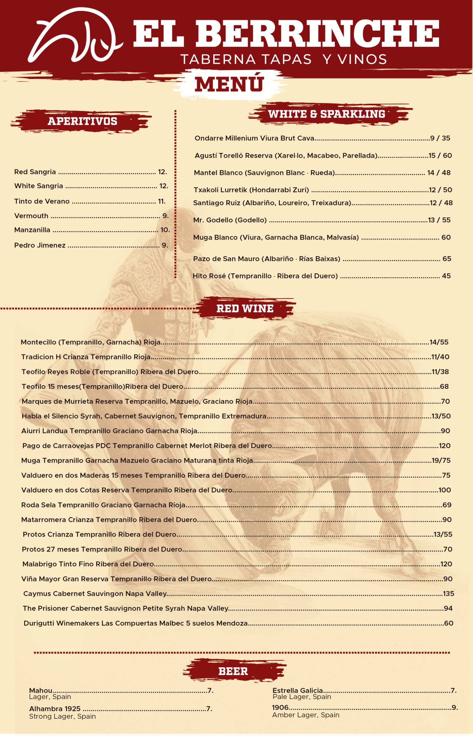 El Berrinche restaurant menu - White wines, red wines and beers section