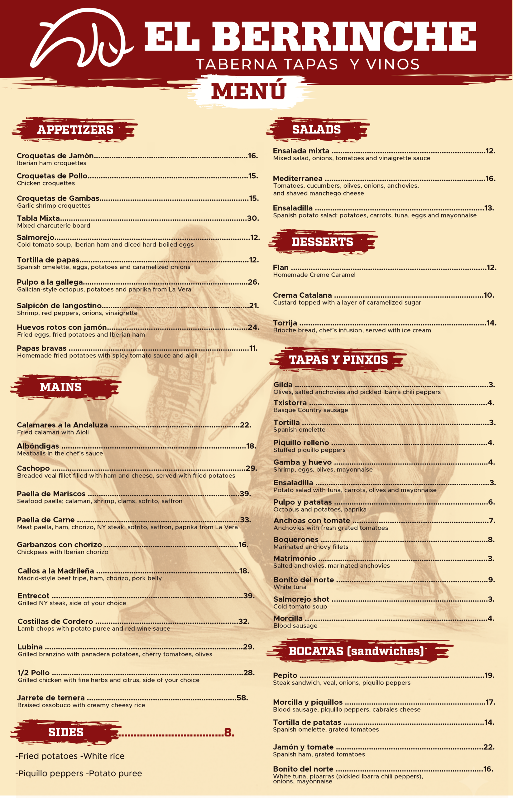 El Berrinche restaurant menu - Appetizers, salads, desserts, mains, tapas pintxos and sides